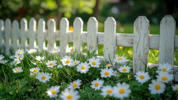 White wooden fence adorned with blooming daisies in a sunlit garden setting photo