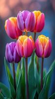 Vibrant tulips bloom in an array of colors under a soft evening light in a tranquil garden setting photo