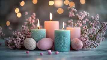 Colorful pastel candles with floral accents and Easter eggs create a festive atmosphere for spring celebrations photo
