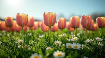 Scenic view of soft green grass with vibrant tulips and daisies blooming under a clear blue sky photo