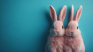 Two fluffy bunnies with adorable ears against a pastel blue background create a delightful and whimsical atmosphere perfect for spring celebrations photo