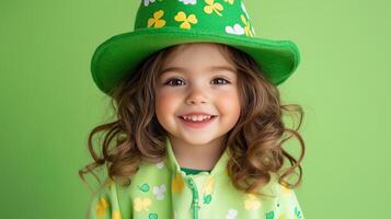Young child joyful in playful green attire with a whimsical hat smiling brightly against a vibrant green backdrop photo