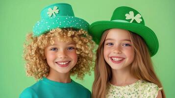 Two children wearing vibrant green hats with shamrocks smile against a bright green background during a festive celebration photo