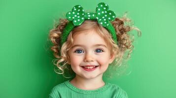 Young child celebrating St Patricks Day with a cheerful smile and festive accessories photo