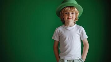 Young boy in a white shirt and green hat poses confidently against a vibrant green background photo