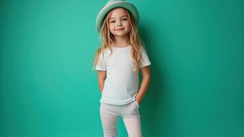 Young girl smiles while posing in a stylish outfit against a vibrant turquoise background photo