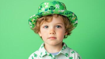 Young boy dressed in festive green attire with a playful hat celebrating a lively occasion photo