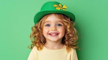 Young child celebrating St Patricks Day with a smile and green hat photo