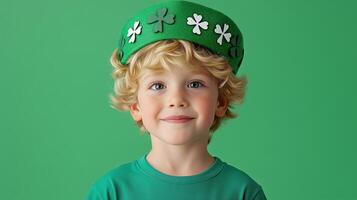 Young boy celebrates St. Patrick's Day with a cheerful smile and festive green attire in a studio setting photo