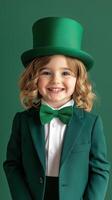 Smiling child wearing green attire in festive St Patrick's celebration against a green backdrop photo