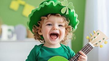 Young child smiles while wearing a St Patricks hat and holding a small guitar in a festive, green-themed room photo