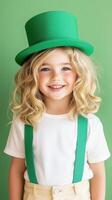 Smiling child wearing green hat celebrating St Patrick's Day with joy in bright setting photo
