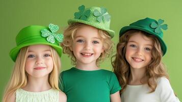 Children celebrating a festive occasion with green attire and cheerful expressions photo