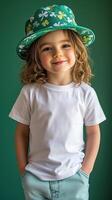 Cheerful young child poses against a green background wearing a white shirt and a colorful hat with playful designs photo