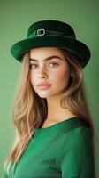 Stylish young woman posing in a green hat and outfit against a vibrant green backdrop in a studio setting photo