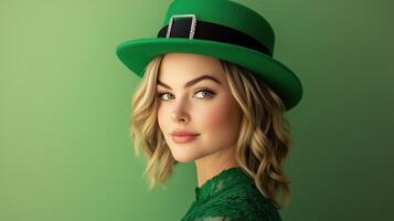 Young beautiful woman in green attire with stylish hat posing against a vibrant background photo