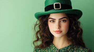 Portrait of a young beautiful woman in green dress and hat posing against a solid green background while exuding charm and elegance photo