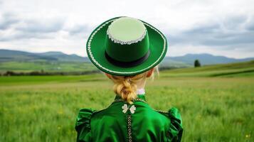 Whimsical leprechaun in a green outfit surrounded by lush landscape under a cloudy sky photo