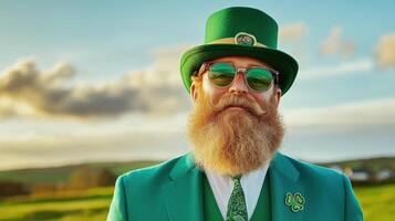 Whimsical leprechaun in vibrant green attire smiling in a lush landscape during golden hour photo