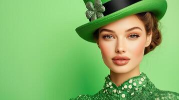 Young woman in vibrant green attire showcases beauty against a vivid background at a festive event photo