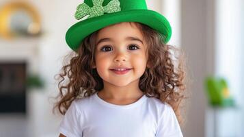 Young child in a festive green hat smiles brightly while celebrating a special occasion indoors photo
