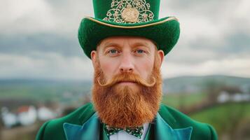 Whimsical leprechaun in vibrant green attire poses against an enchanting rural landscape during a cloudy day photo