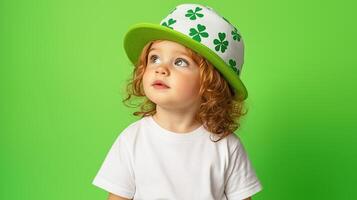 Young child wearing a playful green hat with shamrocks against a vibrant green backdrop while looking upwards photo