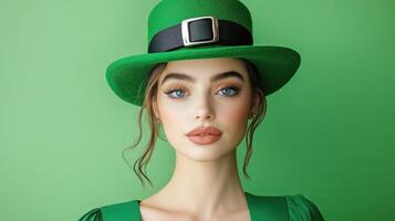 Young beautiful woman wearing a green hat with a black band against a vibrant green background, showcasing a confident expression photo