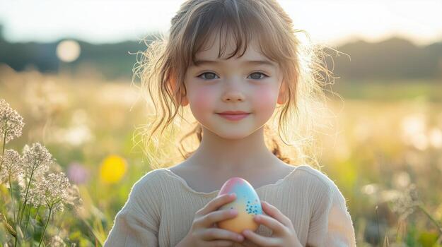 Child joyfully holds a colorful Easter egg in a sunlit field full of wildflowers during a spring afternoon photo