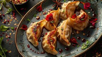 High-end culinary presentation of gourmet dumplings with vibrant garnishes in an elegant setting photo