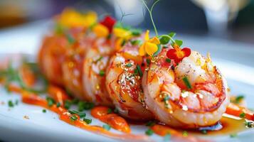 High-end culinary presentation of gourmet dumplings garnished with colorful flowers at a fine dining restaurant photo