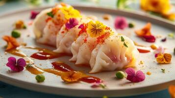 High-end culinary presentation featuring delicately plated dumplings with vibrant garnishes at a fine dining restaurant photo