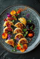 Elegant culinary presentation of gourmet dumplings adorned with edible flowers and sauces served on a patterned plate photo