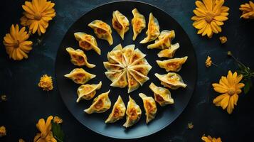 Modern presentation of pan-seared dumplings arranged artistically on a plate surrounded by vibrant flowers photo