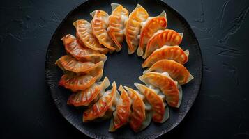 Modern composition of pan-seared dumplings arranged in a circular pattern on a dark plate photo