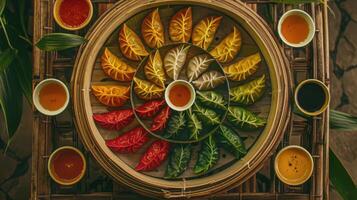 Vibrant assortment of colorful dumplings arranged beautifully for a culinary experience photo