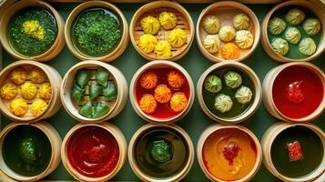 Vibrant assortment of colorful dumplings arranged in bamboo steamers on a green background photo