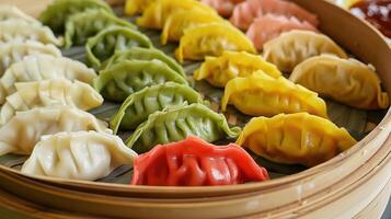 Colorful assortment of dumplings in bamboo steamer showcasing vibrant hues and appealing shapes photo