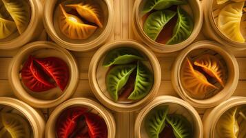 Vibrant assortment of colorful dumplings in bamboo steamers ready for presentation photo