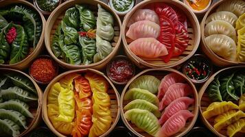 Vibrant assortment of colorful dumplings in bamboo steamers on wooden table photo