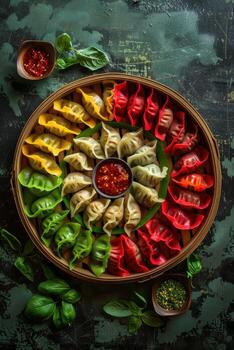 Colorful assortment of vibrant dumplings arranged in a circular pattern with dipping sauce on a rustic wooden tray photo