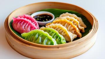 Colorful assortment of vibrant dumplings presented beautifully in a bamboo steamer on a bright surface photo