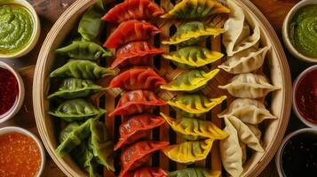 Vibrant assortment of colorful dumplings served in a bamboo steamer with various dipping sauces photo
