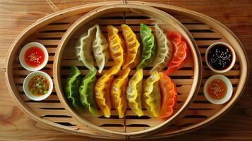 Vibrant assortment of colorful dumplings arranged beautifully in a bamboo steamer with sauces photo