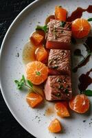Tuna fillet garnished with orange segments and sauce served on a white plate, showcasing a colorful dish photo