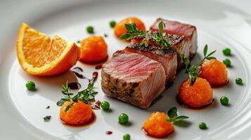 Deliciously prepared tuna and orange slices served artistically on a white plate for a gourmet experience photo