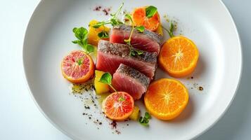 Freshly prepared tuna with citrus oranges served on a white plate for a delightful culinary experience photo