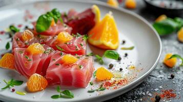 Tuna and orange salad served on a white plate garnished with fresh herbs and spices photo