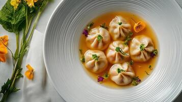 Delicately arranged soup with beautifully crafted dumplings and vibrant garnishes displayed on a white plate photo