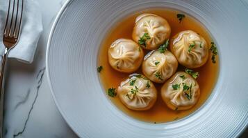 Delicately arranged soup with dumplings garnished with fresh herbs in a white plate on a marble tabletop photo